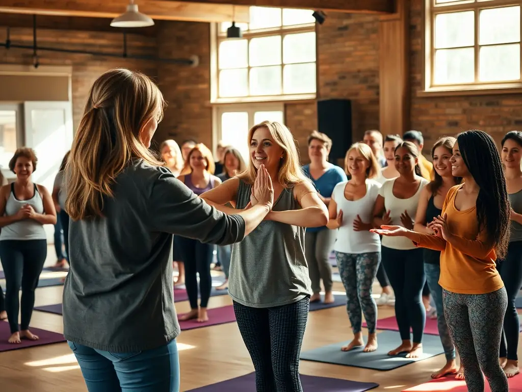 A dynamic image of people participating in a workshop, engaging in physical activities, and interacting with instructors, representing immersive experiences.