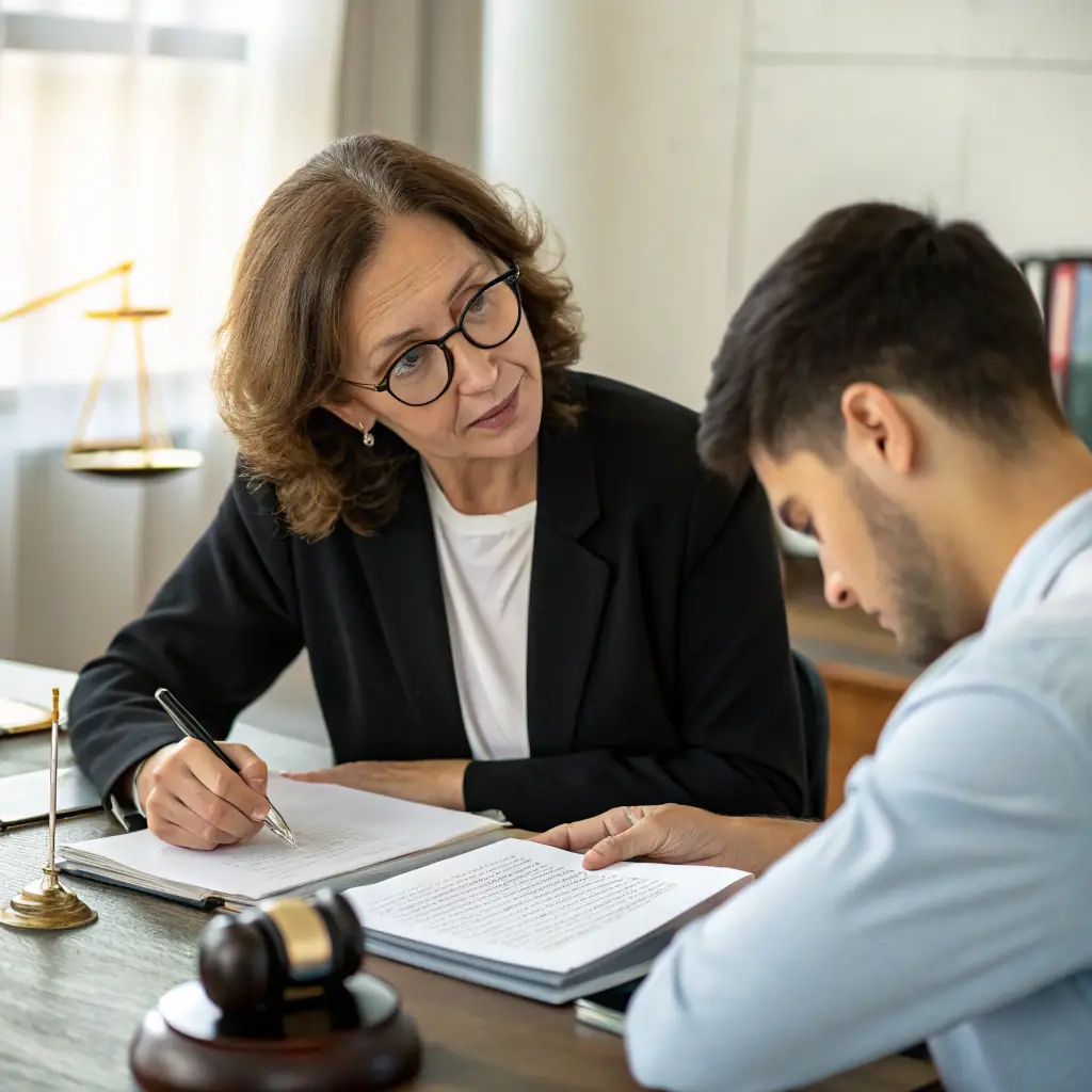 A lawyer reviewing legal documents with a client in a bright, modern office, emphasizing collaboration and client direction.