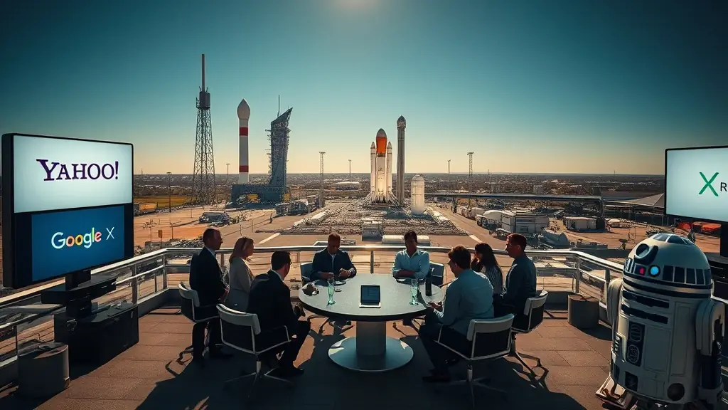 A scene at the Space Center Houston NASA Johnson Space Center with X WING R2, OMEGACUBE, AND THE AI ROBOT TEAM MEETING SEO GURUS, GOOGLE, DATA SCIENTIESTS AT THE Space Center Houston AND ELON AND TRUMP AND TED CRUZ.