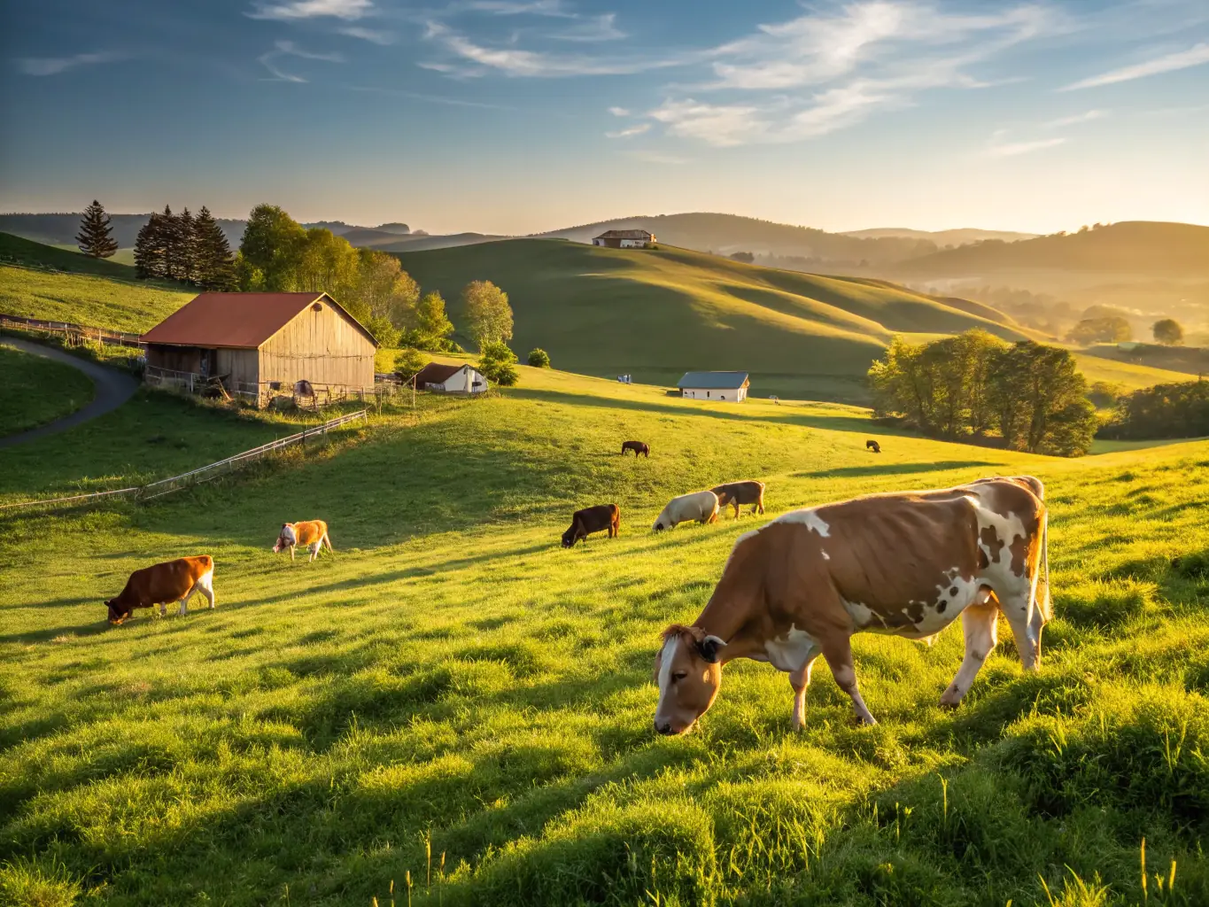 A dairy farm with cows grazing in a field.
