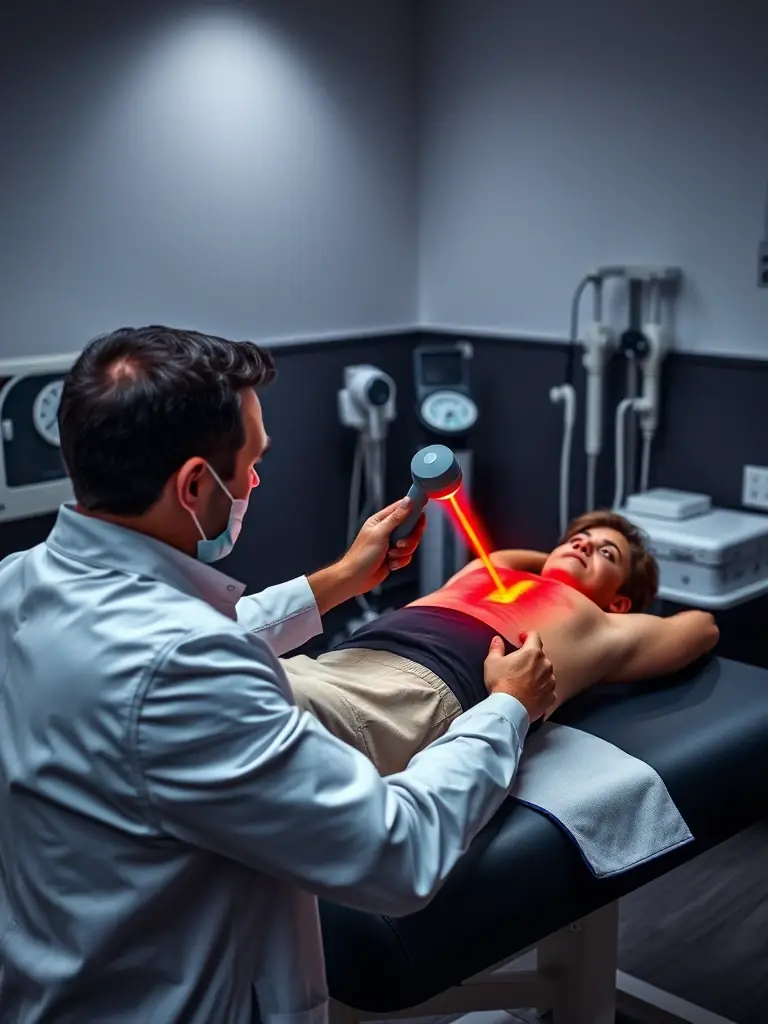 A close-up shot of a physiotherapist gently assessing a patient's lower back, highlighting the focus on sciatica treatment at Denovo Physio.
