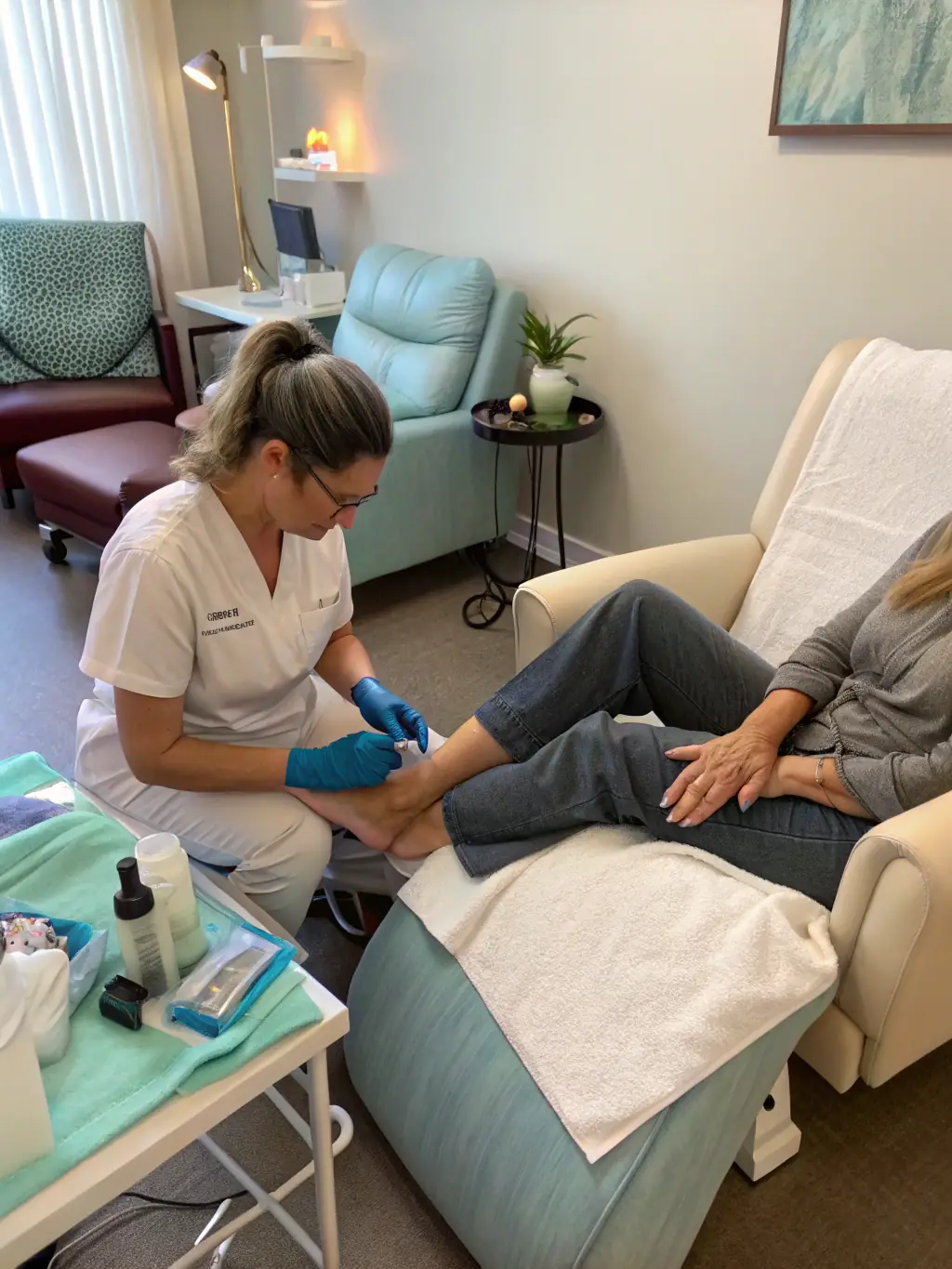 A foot being examined by a physiotherapist, focusing on the area affected by tarsal tunnel syndrome.