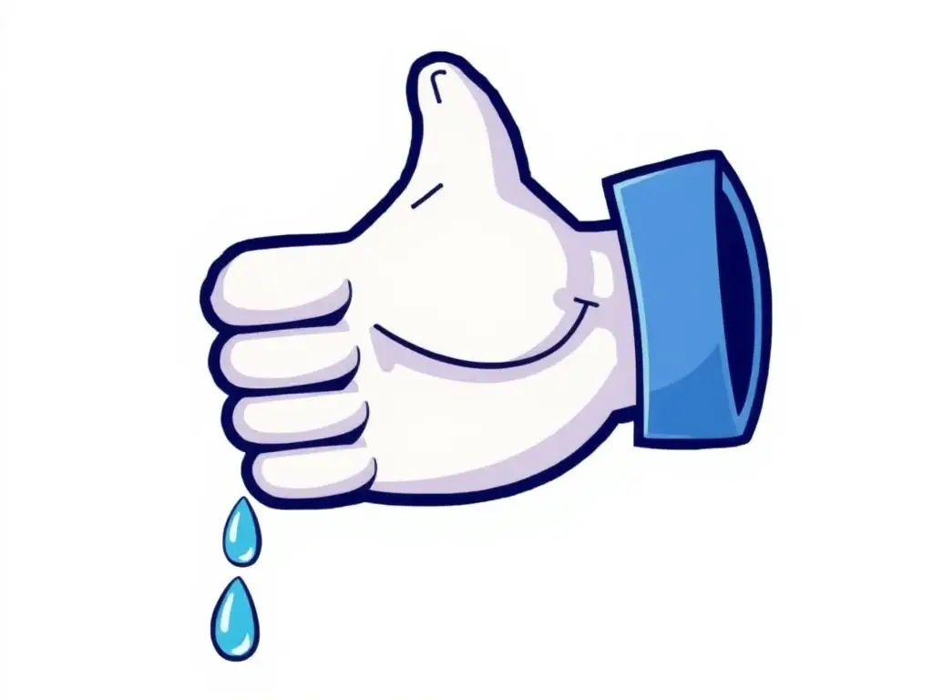 A digital illustration of a large, stylized thumbs-up icon with water droplets incorporated into the design, set against a clean, light background to represent satisfaction with plumbing services.