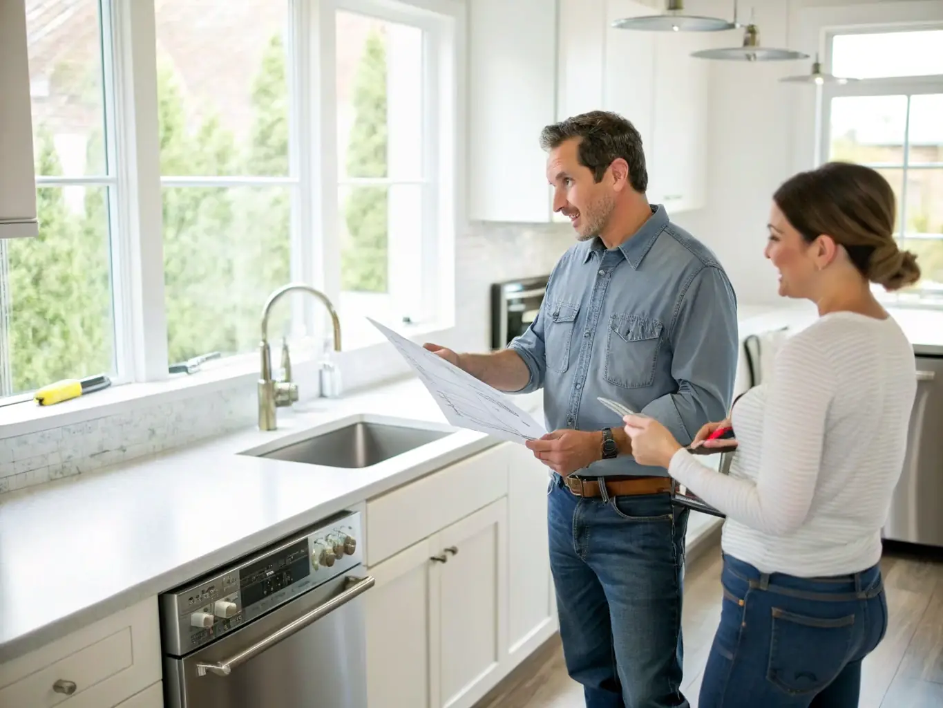 A high-resolution image depicting a friendly plumber shaking hands with a smiling homeowner in a modern kitchen setting, symbolizing trust and a successful consultation.