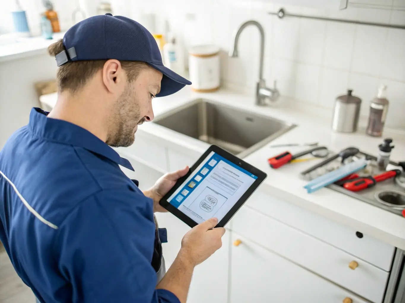A photograph of a plumber using a tablet to show a homeowner a 3D rendering of a proposed plumbing system design, emphasizing the use of technology and clear communication.
