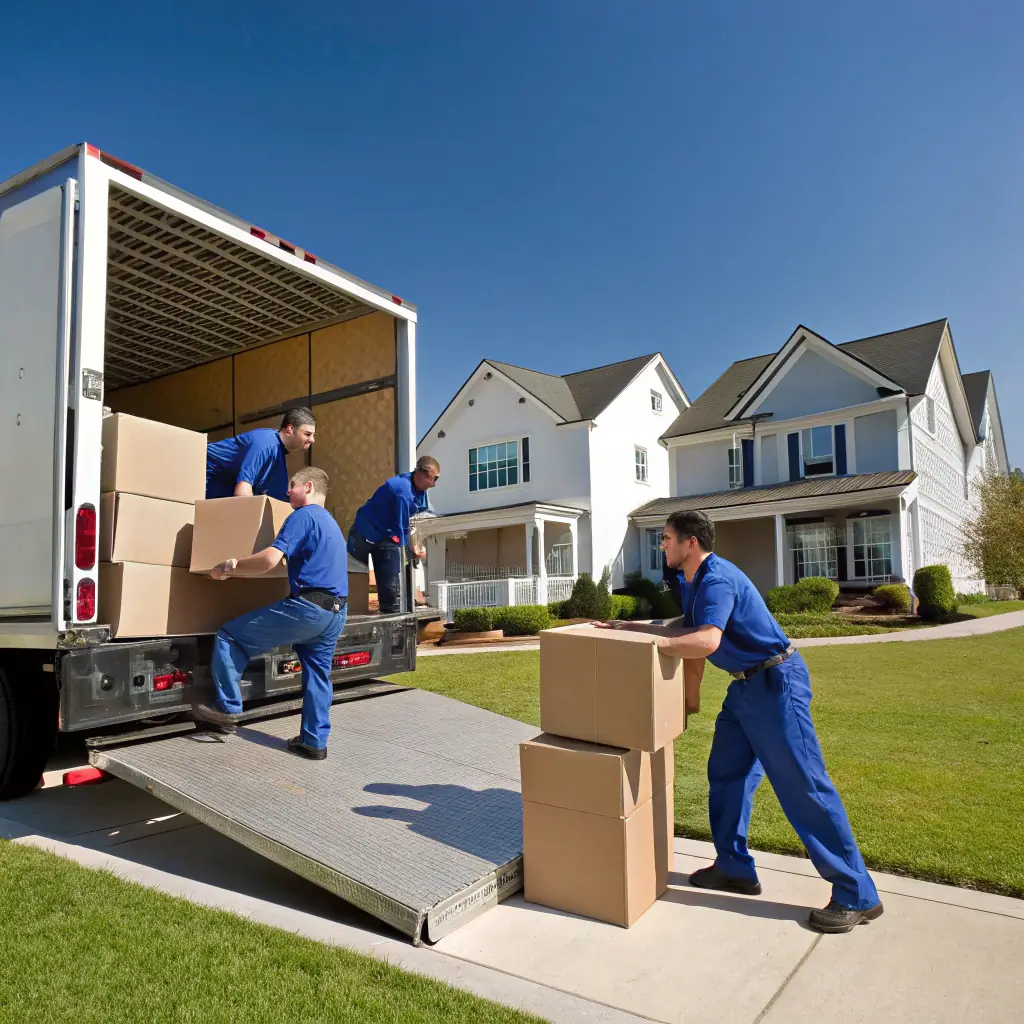 A moving truck carrying furniture and boxes, symbolizing home relocation services.