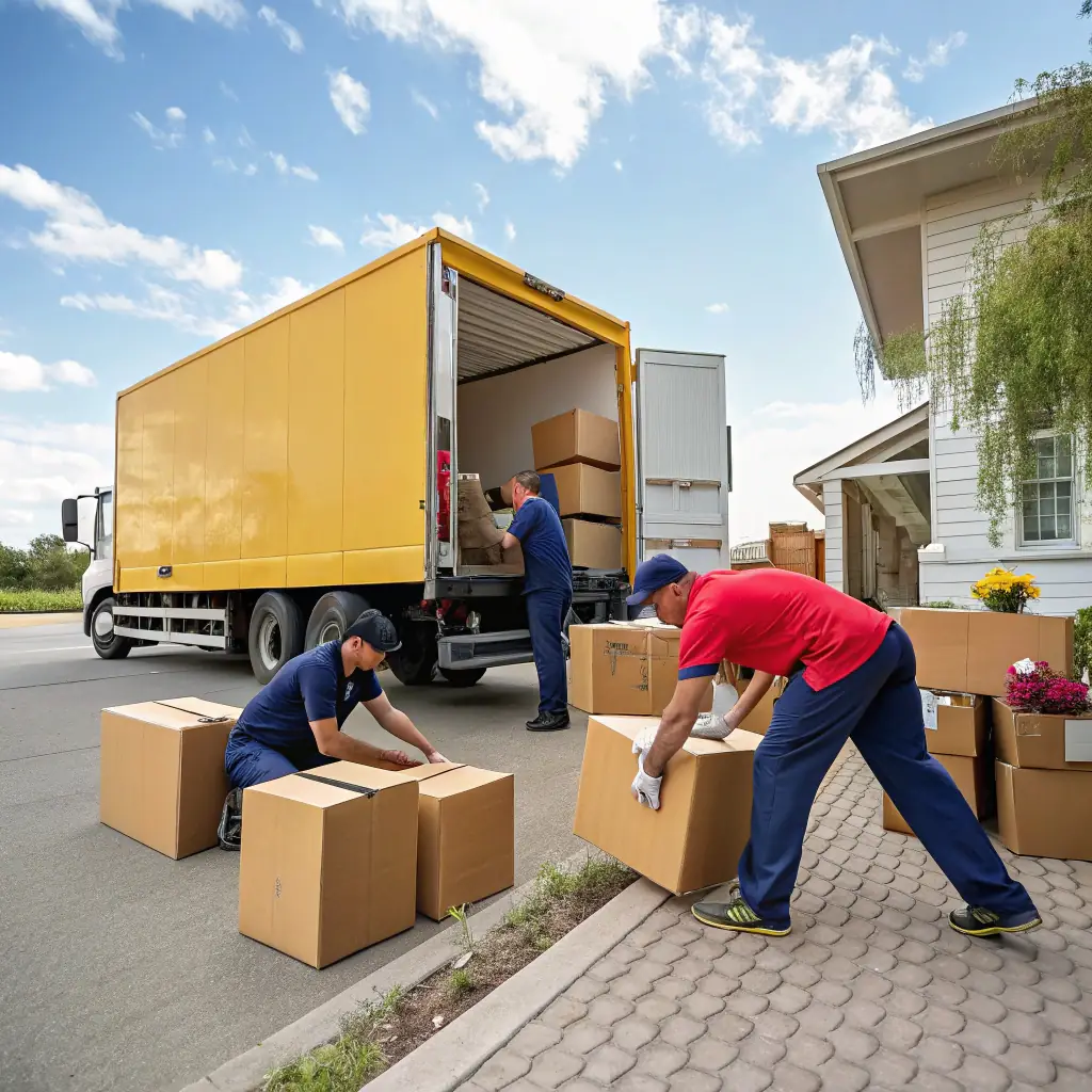 A stack of cardboard boxes being loaded onto a truck, representing packing and unpacking services.