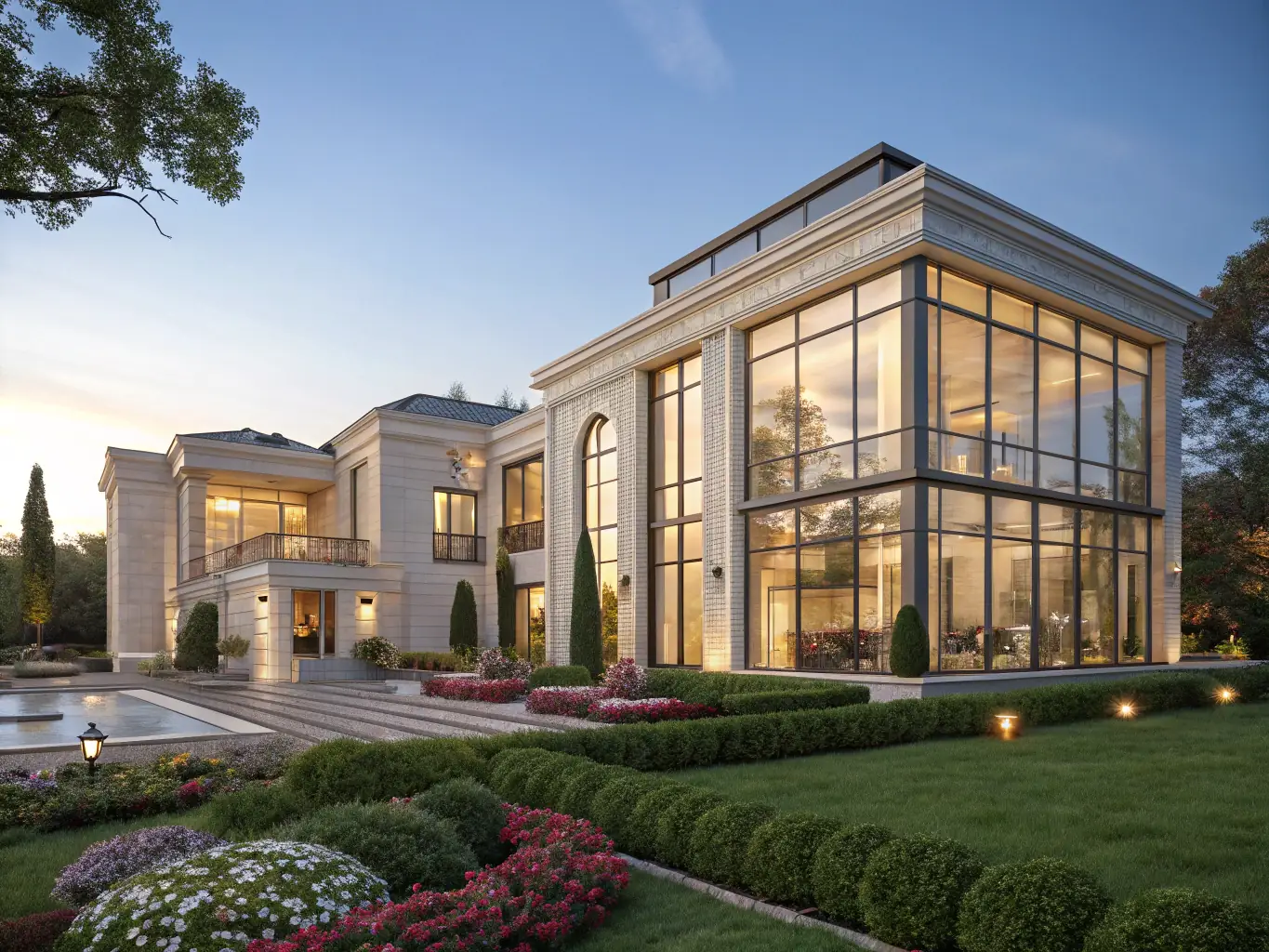 A high-resolution image of a luxurious modern estate with elegant architecture, showcasing the premium quality of PATRION's portfolio.