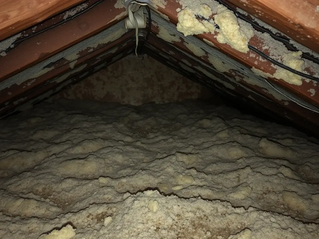 A damp and moldy attic space filled with old, ineffective fiberglass insulation, highlighting the negative impacts of outdated insulation materials.