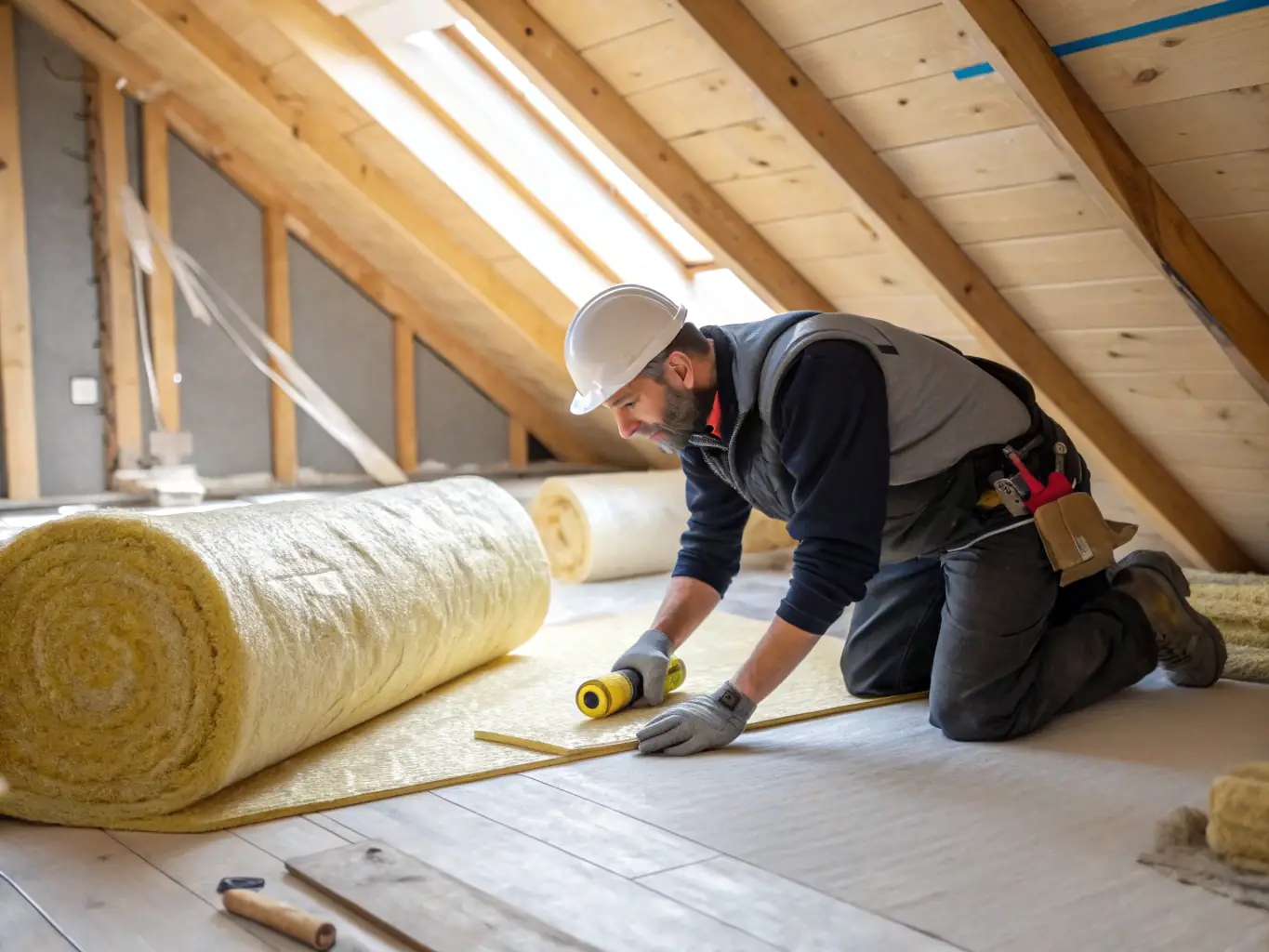 A professional insulation installer carefully fitting mineral wool insulation between the joists in an attic, demonstrating the ease of installation and the expertise of Level Up Homes.