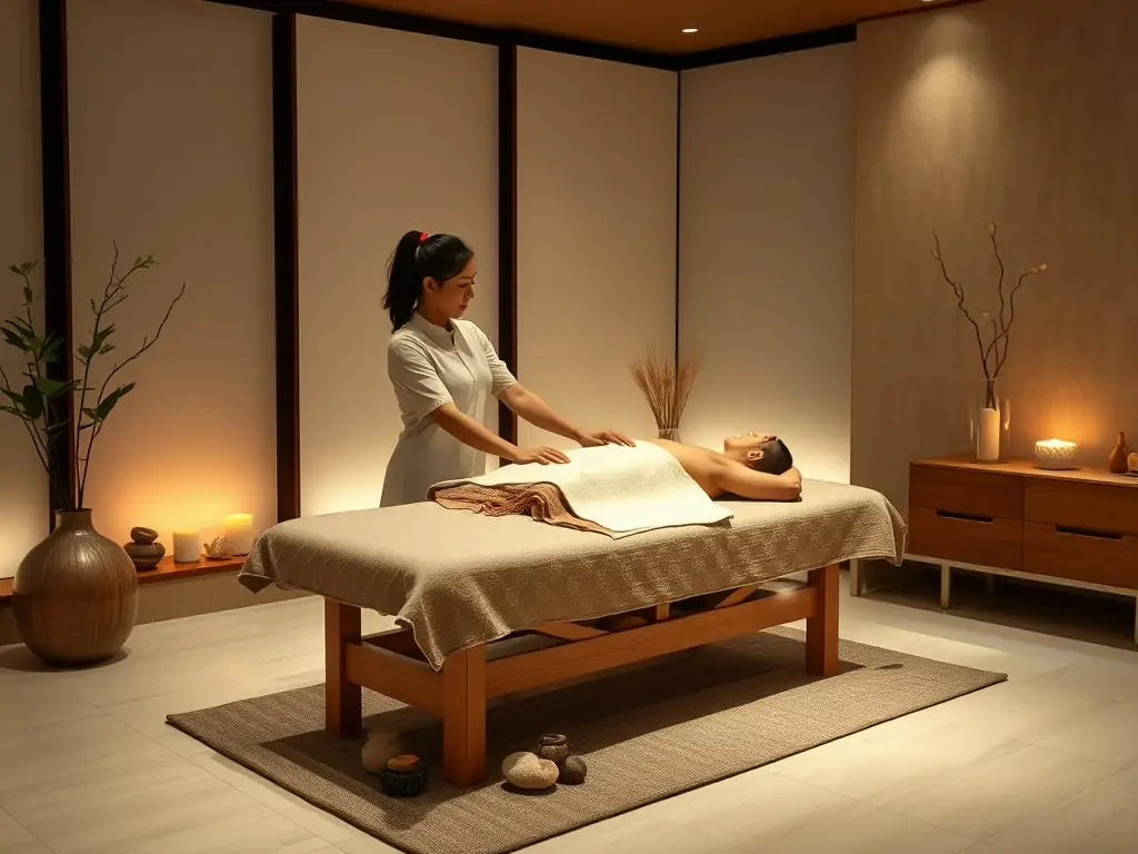 A serene image of a traditional Ayurvedic spa in Alleppey, Kerala, with lush greenery and tranquil backwaters in the background. A person is receiving a relaxing Ayurvedic massage, showcasing the rejuvenation and healing benefits of the treatments.