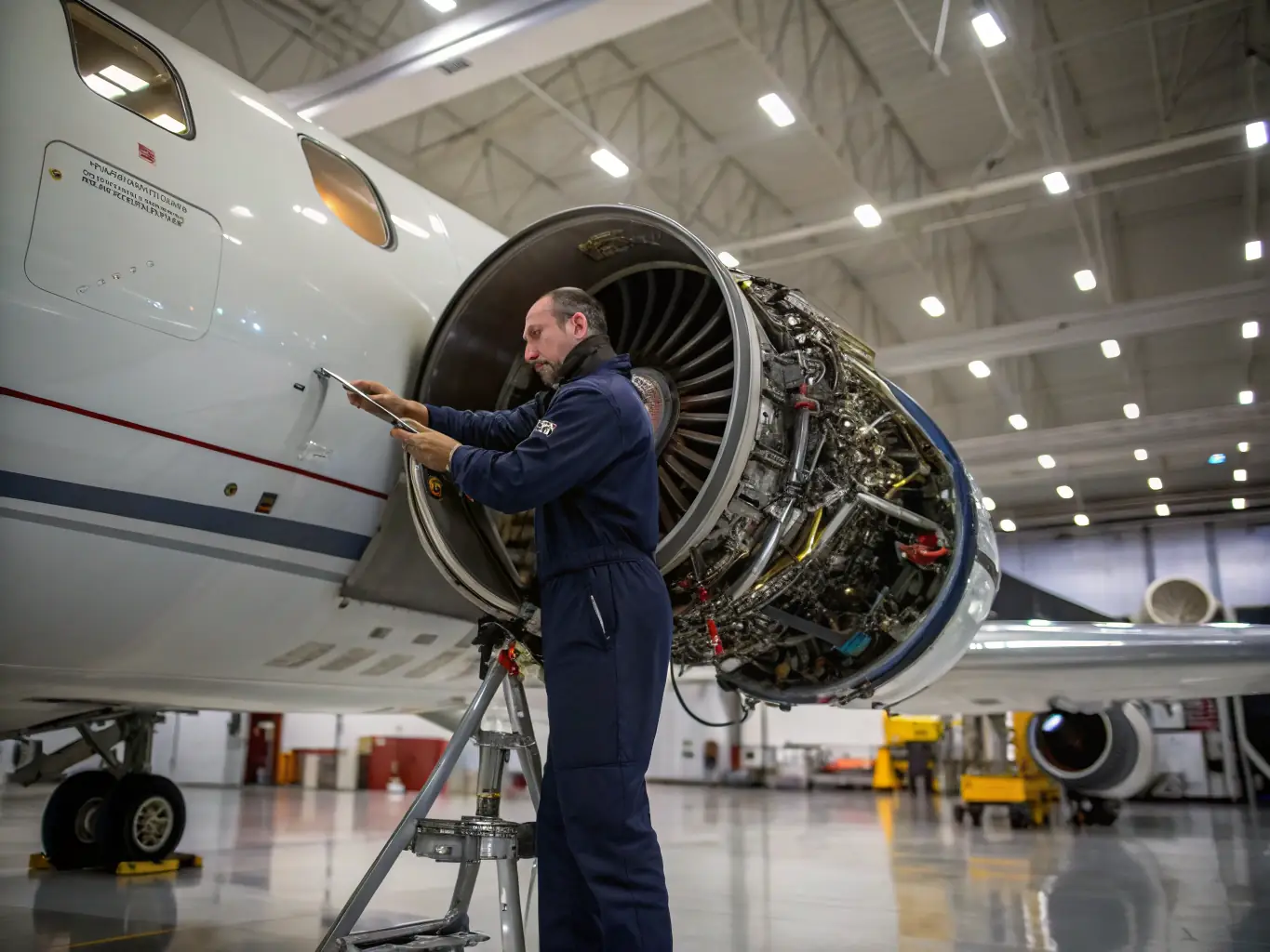 A photograph of a certified aircraft mechanic performing routine maintenance on an aircraft engine inside a well-equipped hangar, highlighting the technical expertise and attention to detail in aircraft maintenance.