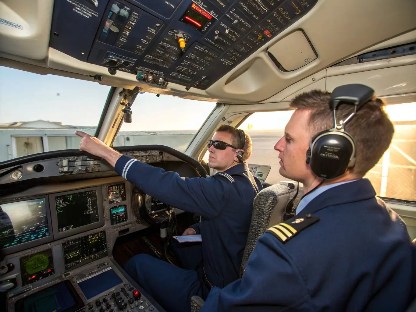 An image of a flight instructor and a student pilot in the cockpit of a small aircraft during a flight lesson, capturing the learning environment and the personalized instruction provided.