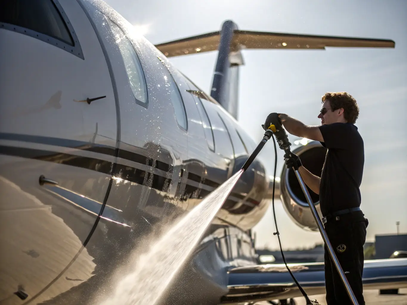 A high-resolution image showcasing a team member meticulously detailing the exterior of a private jet at a sunny California airfield, emphasizing the precision and care involved in aircraft detailing.