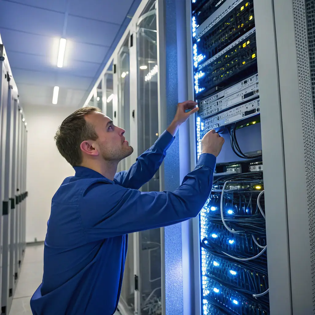 A network engineer configuring a server rack in a modern data center, emphasizing the seamless integration of hardware and software solutions provided by CELINTECH.