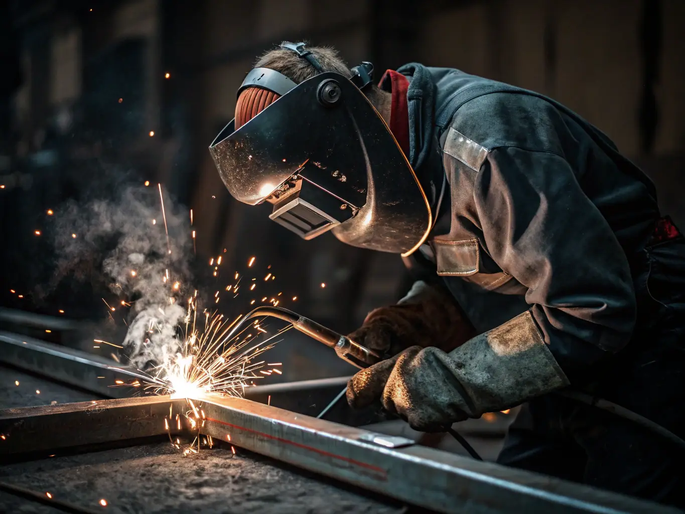 Close up of welding sparks flying during steel fabrication, creating a dynamic and industrial scene.