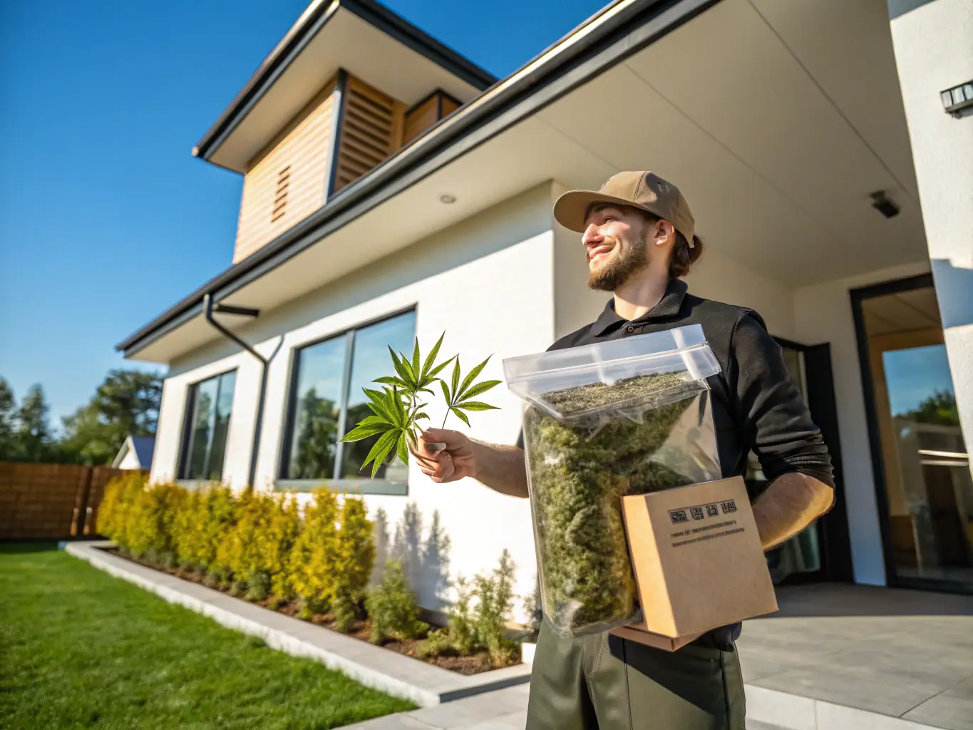 A delivery driver handing a package of cannabis products to a customer in Washington DC.