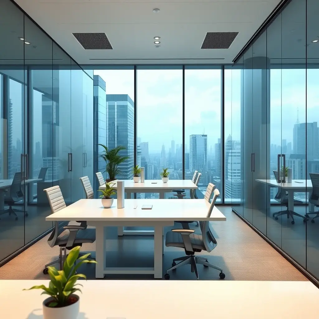 A brightly lit, impeccably clean office space with employees working comfortably and efficiently. The image should convey a sense of professionalism, hygiene, and a positive work environment.