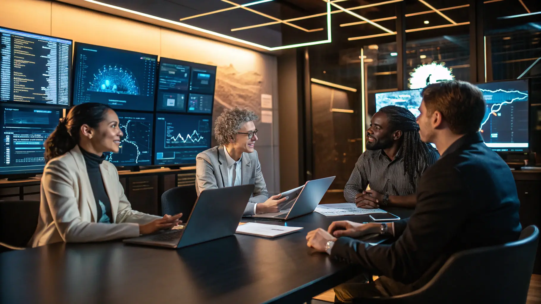 A professional scene depicting a modern conference at Google Addison - The Colonnade, with developers and AI robots engaging with digital screens displaying Google APIs, AI tools, and collaborative workflows, emphasizing innovation and community in tech development.