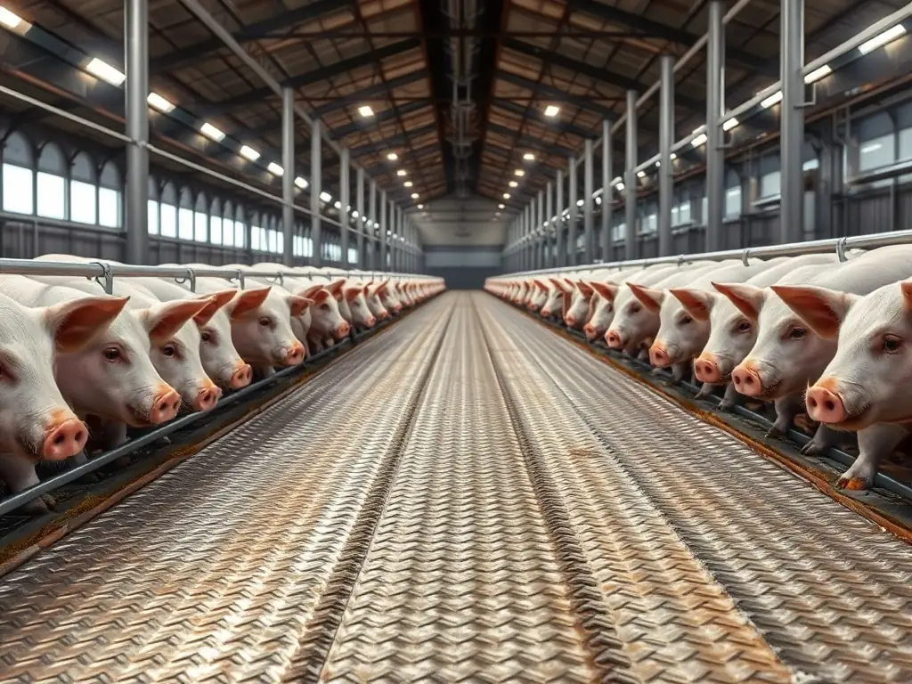 High-resolution photo of galvanized lock crimp woven wire flooring panel installed in a modern pig barn, showing clean lines, metallic finish, and robust construction.