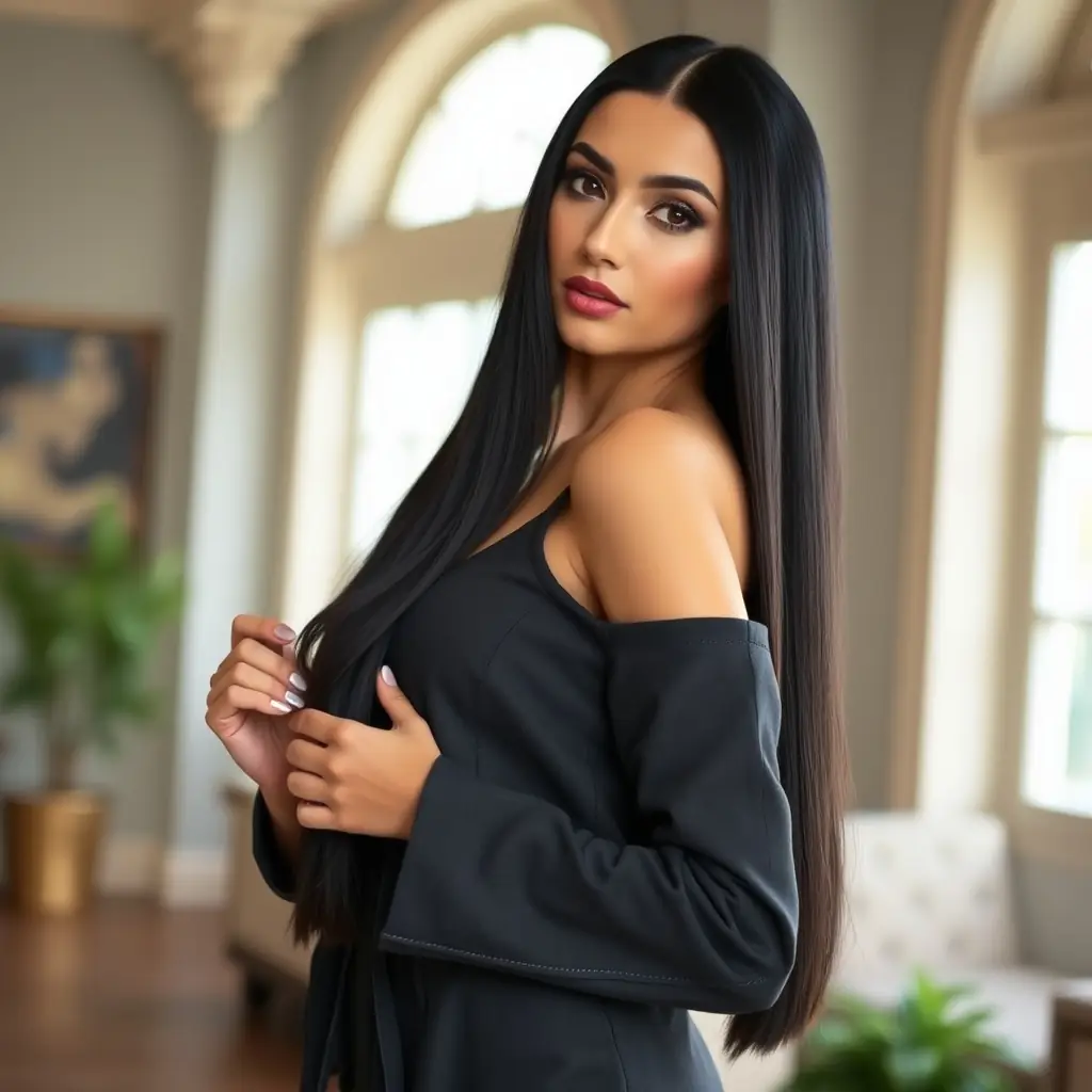 A woman with long straight hair, wearing a monochrome outfit, with a creative gaze.