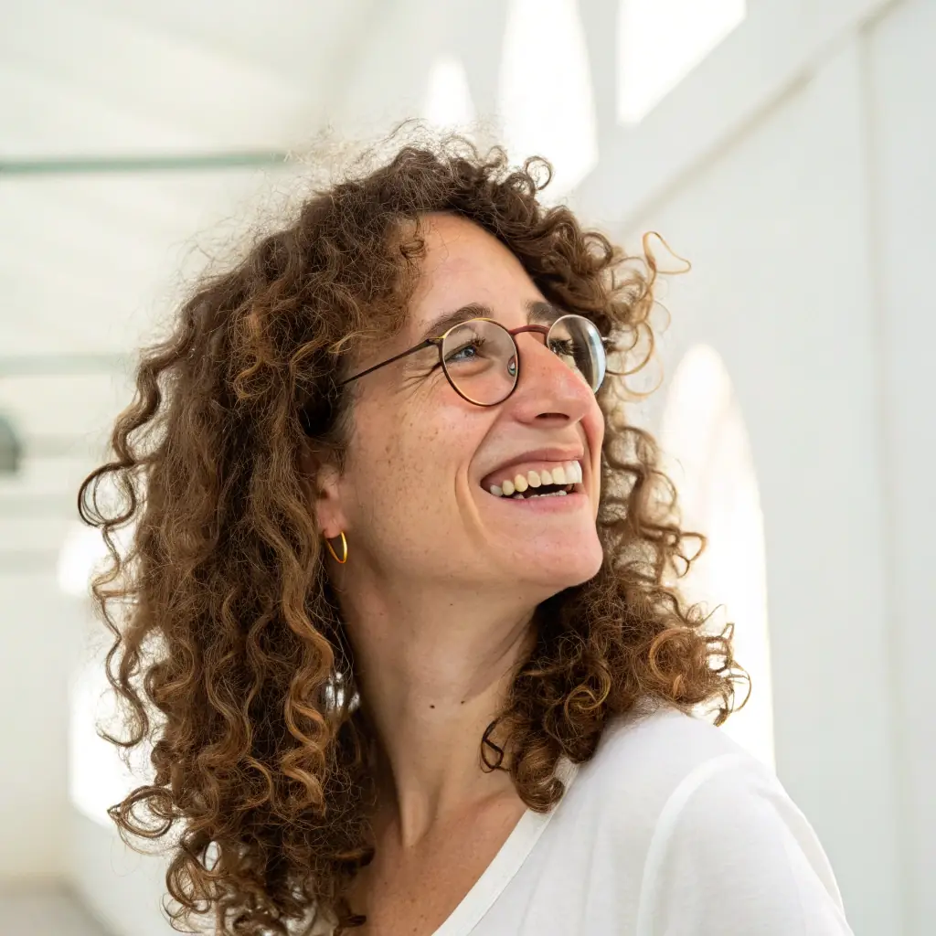 A woman with short curly hair, wearing a black turtleneck, smiling warmly.