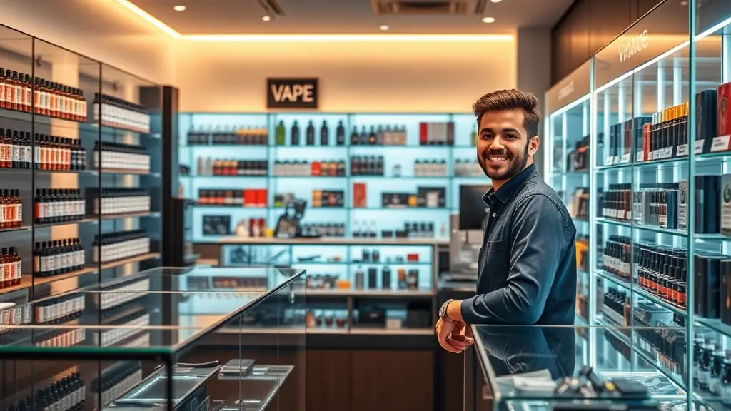 A modern vape shop interior with glass displays showcasing various vaping products, including e-liquids, mods, and accessories. The shop is well-lit and inviting, with a friendly staff member assisting a customer.