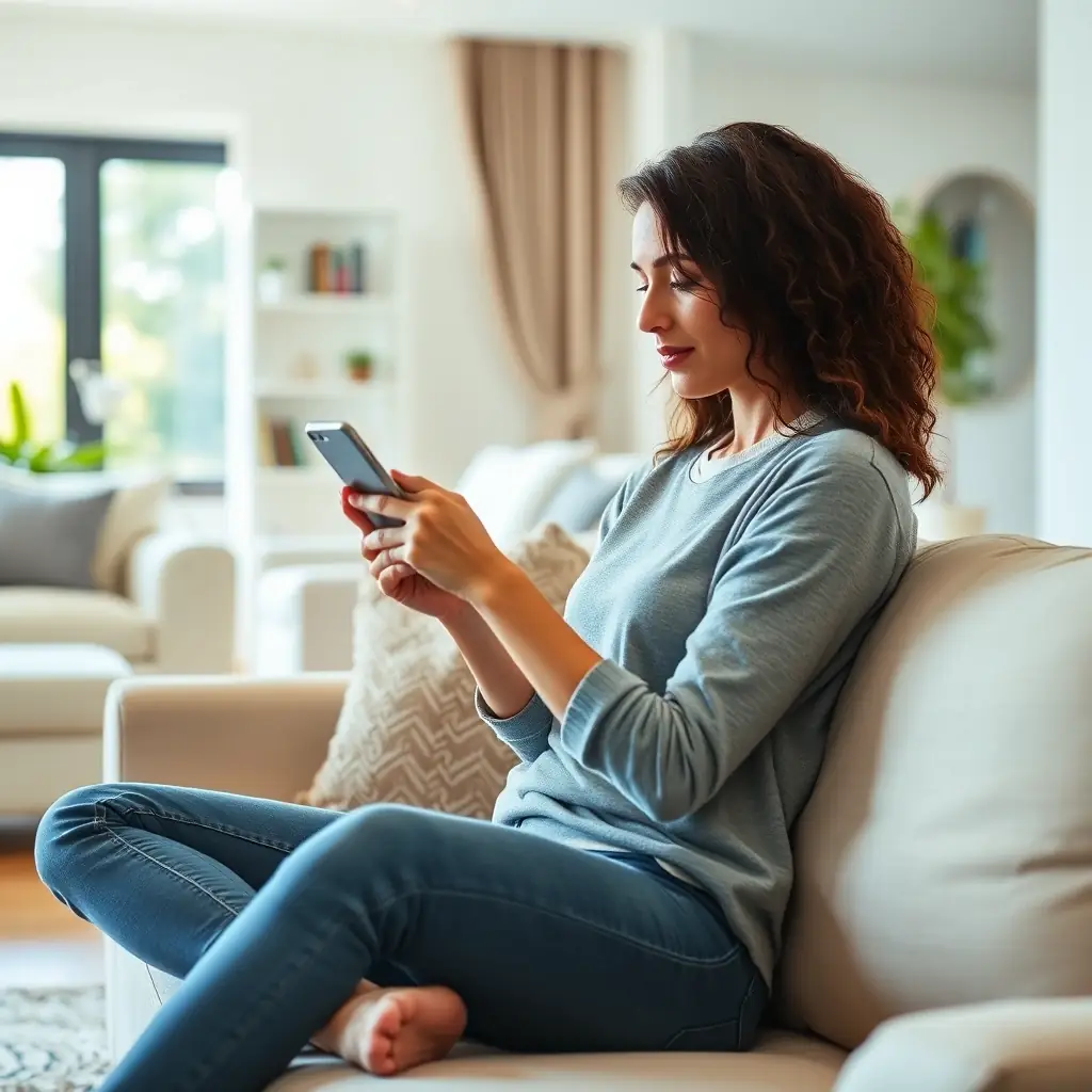 A person using a mobile phone to book a bond cleaning service, with a clean and tidy house in the background, symbolizing convenience and reliability.
