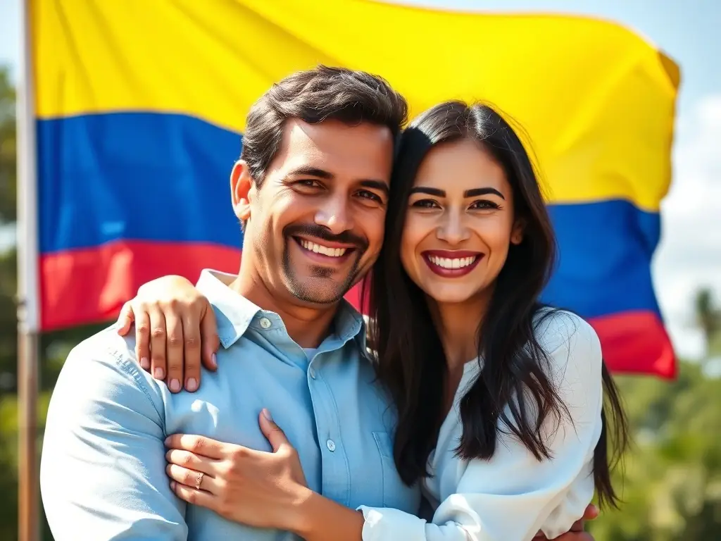 A happy Colombian couple holding hands in front of the US embassy in Bogota.