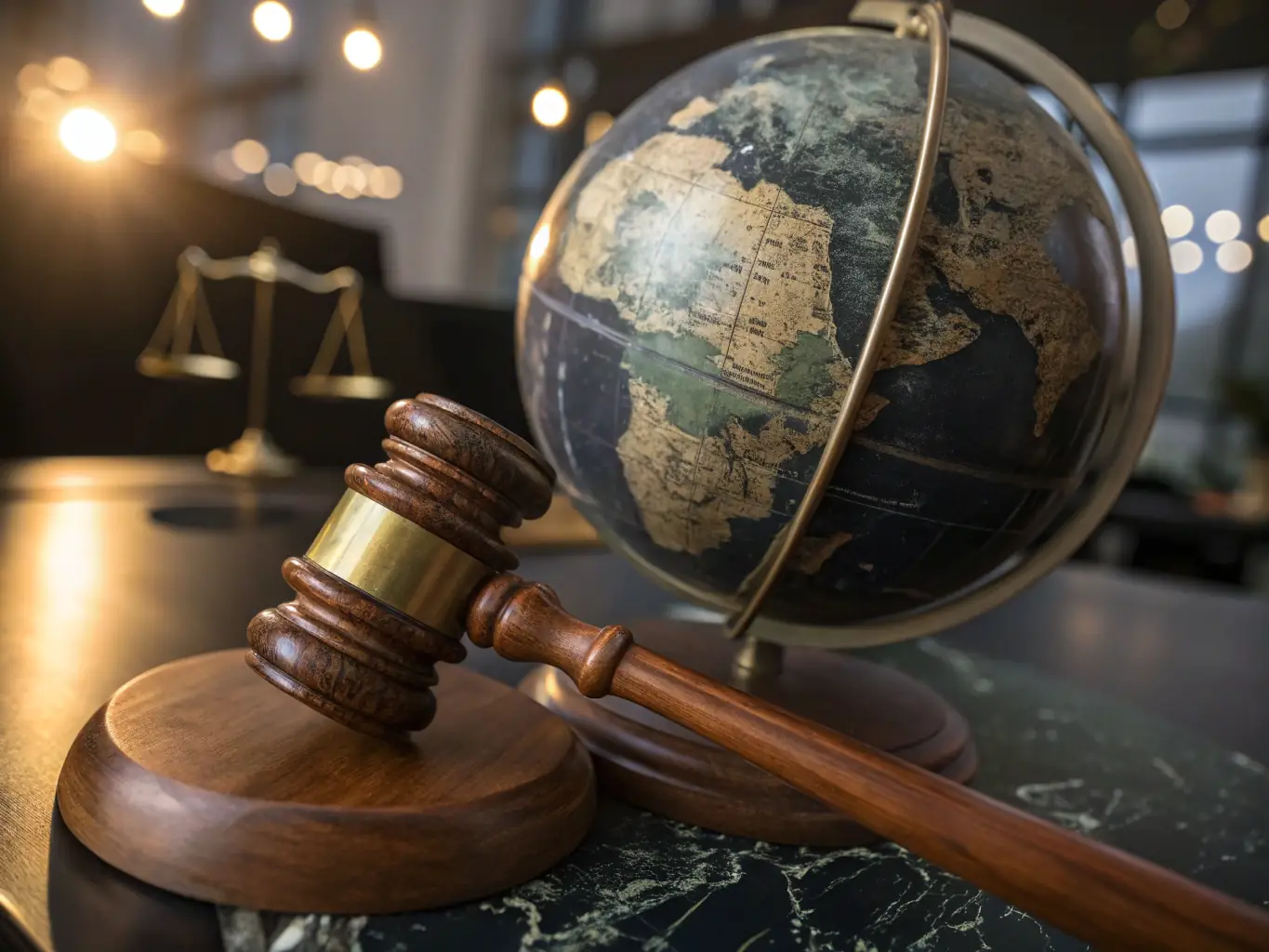 An image depicting a gavel and legal scales placed on top of a world map, representing the global reach and legal accuracy of Trustpoint's translation services.