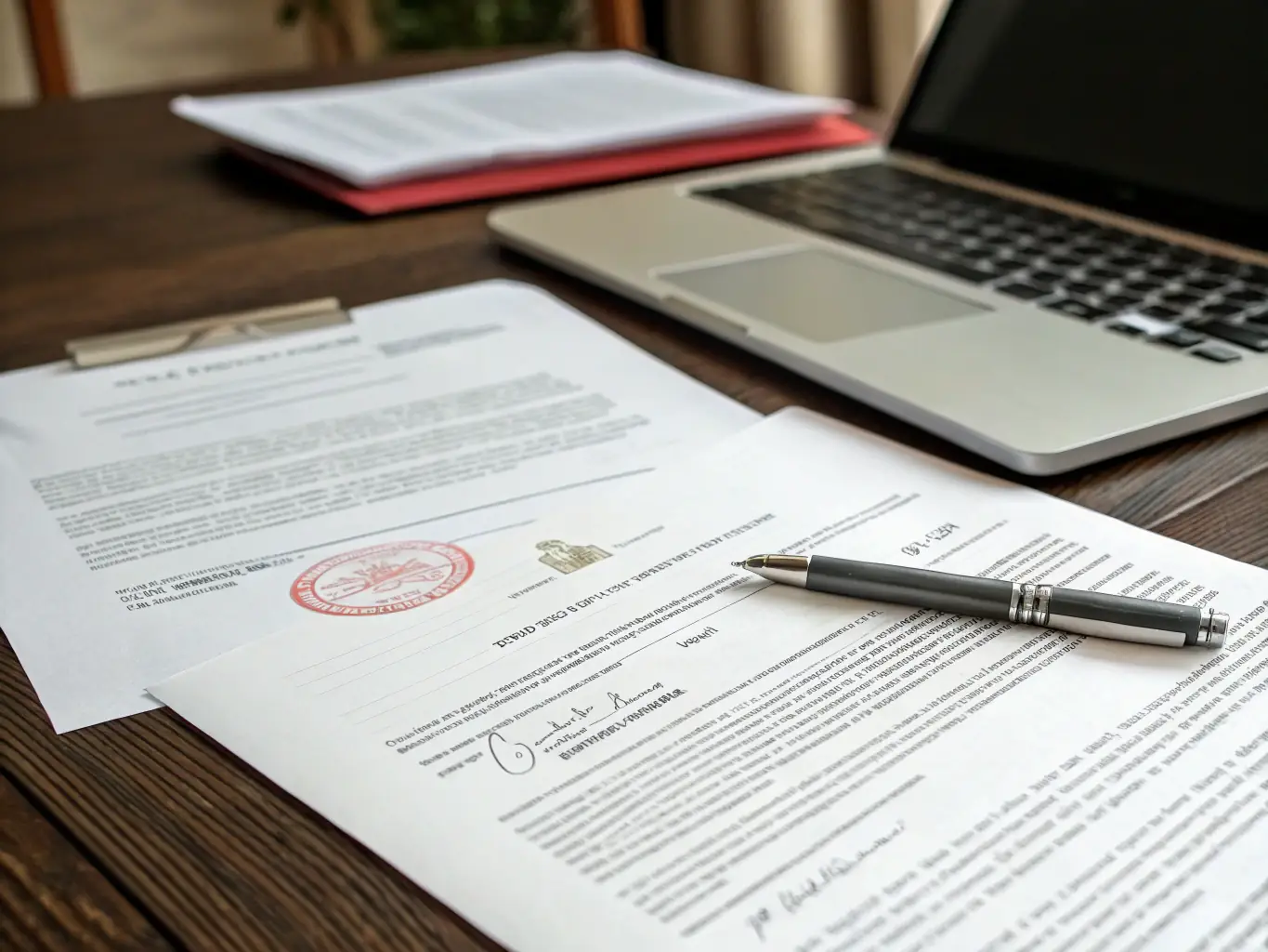 A close-up shot of a stack of legal documents with various language scripts subtly visible in the background, symbolizing the breadth of Trustpoint's translation services.