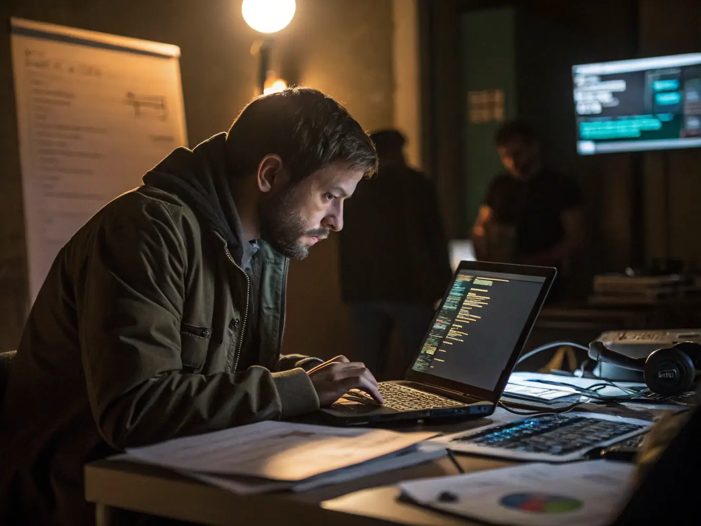 A professional translator working diligently at a computer, surrounded by dictionaries and language resources, illustrating the expertise and dedication of Trustpoint's translation team.