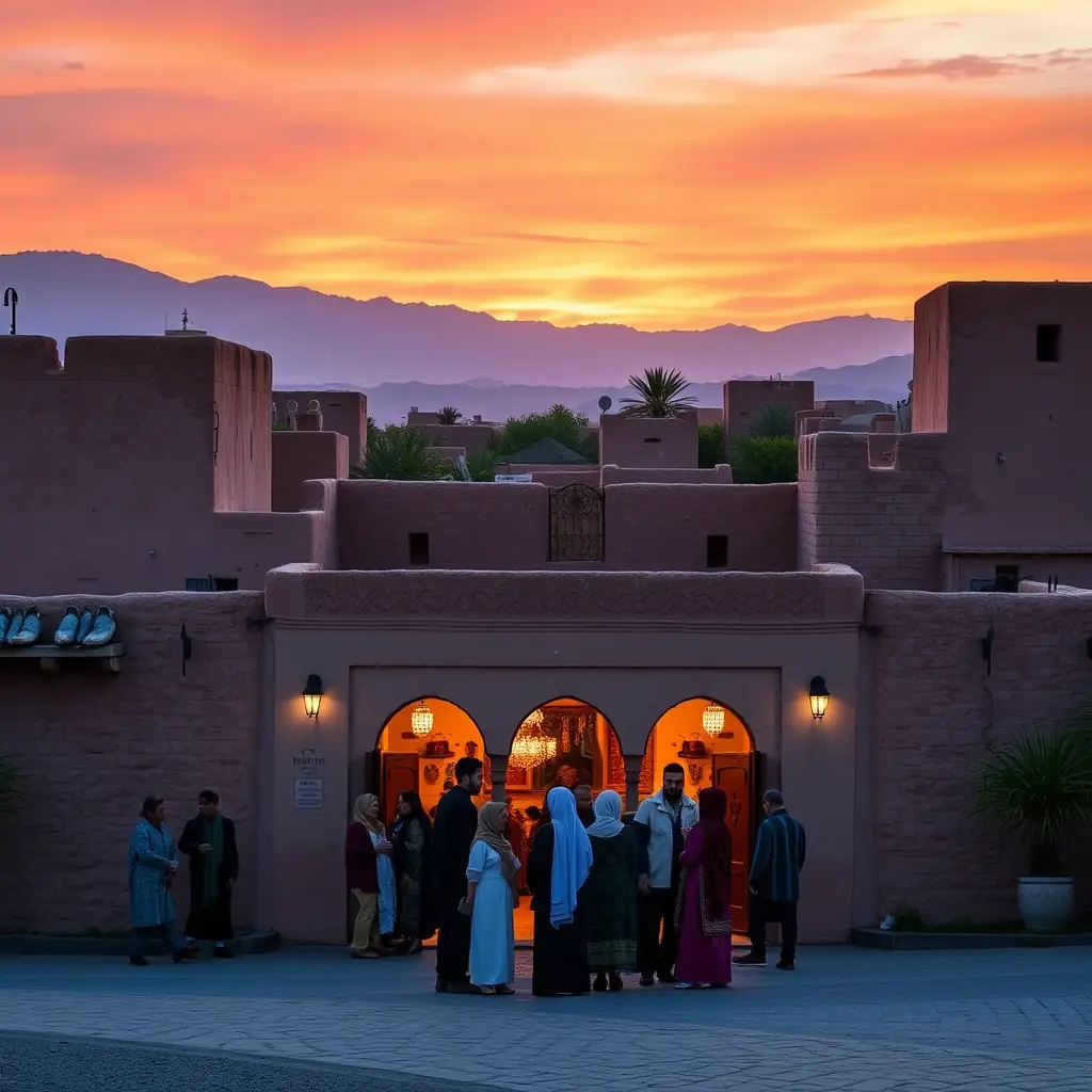 A vibrant photograph capturing the essence of Ouarzazate, showcasing the iconic Kasbah Taourirt against the backdrop of the Atlas Mountains at sunset. The image should evoke a sense of adventure and cultural richness, highlighting the unique architecture and stunning natural beauty of the region. People in traditional Moroccan attire should be visible in the foreground, adding to the authenticity and charm of the scene. This image will be used on a tour agency website to attract tourists.
