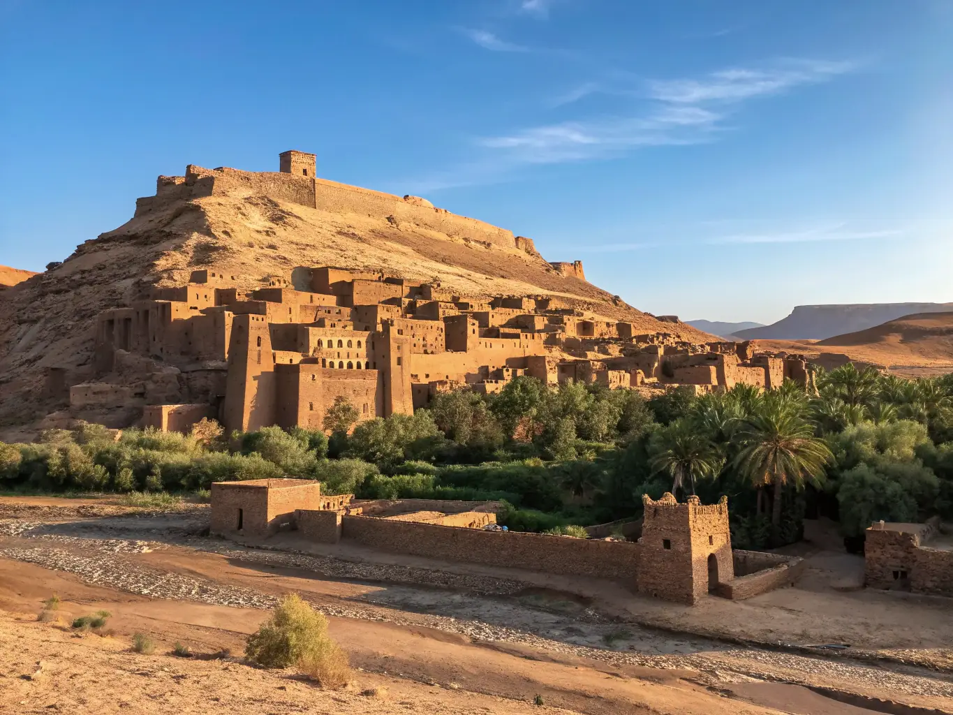 A panoramic view of the Taourirt Kasbah in Ouarzazate, showcasing its intricate architecture and historical significance.