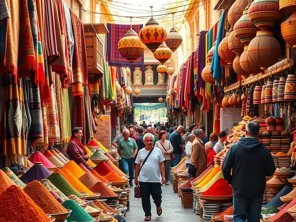 A bustling scene in the Ouarzazate market, with locals selling spices, textiles, and traditional crafts.