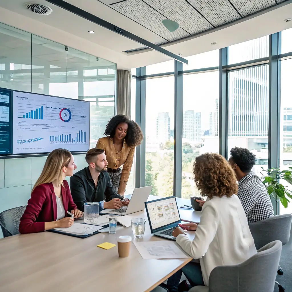 A diverse group of tech executives engaged in a strategic planning session, analyzing market trends and competitor strategies on a large interactive display.