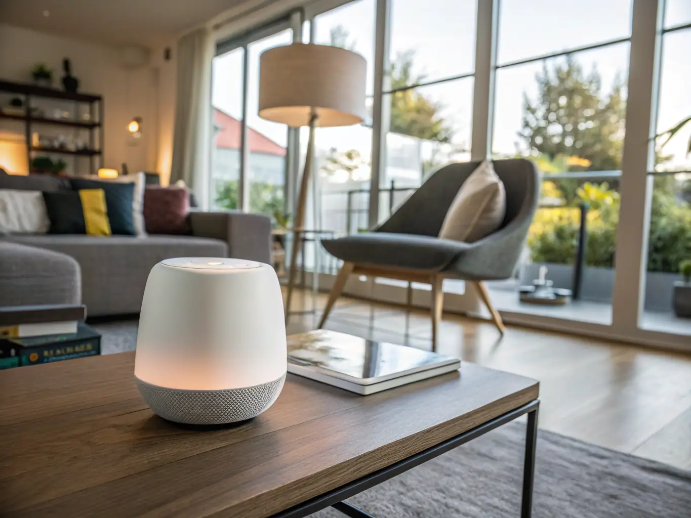A clean, minimalist image showcasing a modern, AI-powered smart home device seamlessly integrated into a sustainable living space. The device should be sleek and futuristic, reflecting premium European tech design, with a focus on energy efficiency and eco-friendliness.