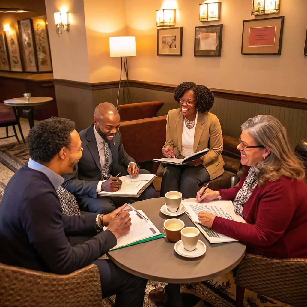A diverse group of small business owners collaborating with Mernouten advisors in a modern office setting, symbolizing partnership and growth.
