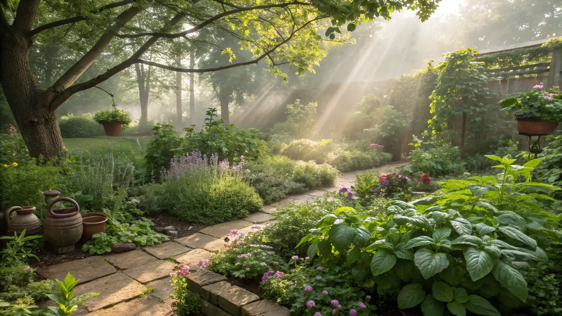A lush medicinal garden with various herbs and plants, showcasing a variety of textures and colors.