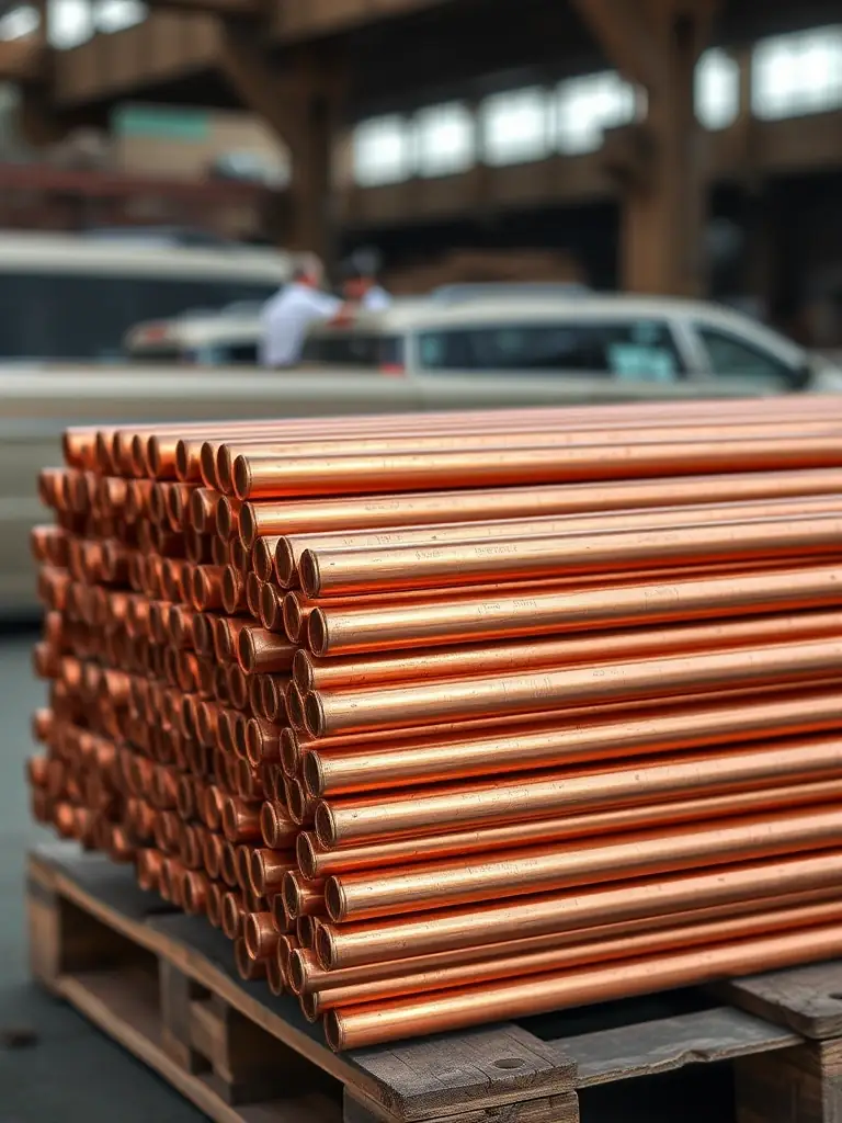 A close-up shot of refined copper cathodes stacked neatly, showcasing their purity and quality, with the Falcon Group logo subtly overlaid.