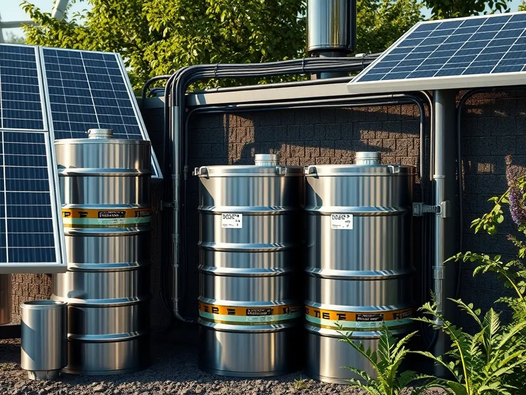 An image of the energy storage system in a renewable energy facility, highlighting its integration with solar or wind power.