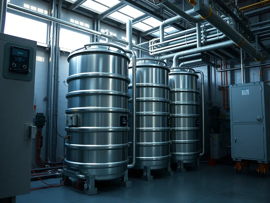 A detailed image of the energy storage system installed in a power plant or renewable energy site, emphasizing industrial scale and robustness.