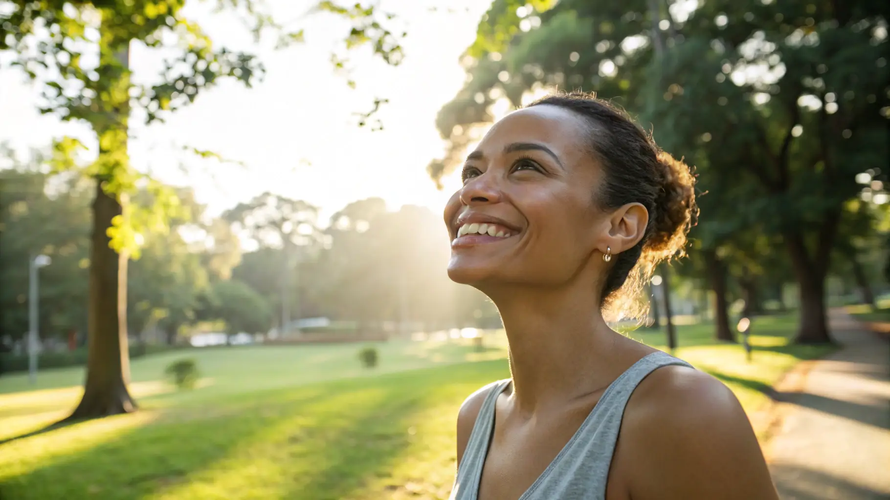 A high-resolution image of a woman with radiant skin holding collagen supplements, set in a natural, lush environment to emphasize purity and health.