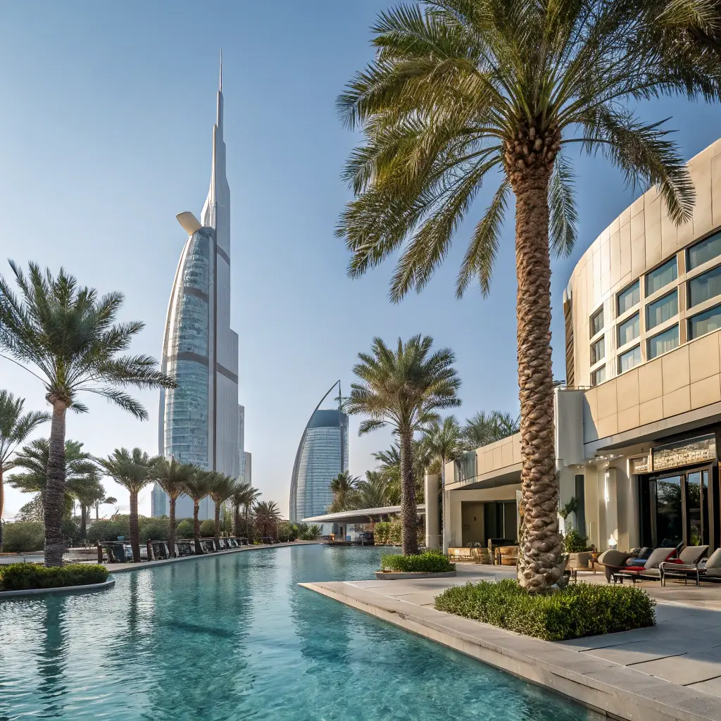 A high-resolution image of a modern, luxurious villa in Dubai with a swimming pool and skyline view, bathed in golden sunlight, symbolizing successful real estate investment.