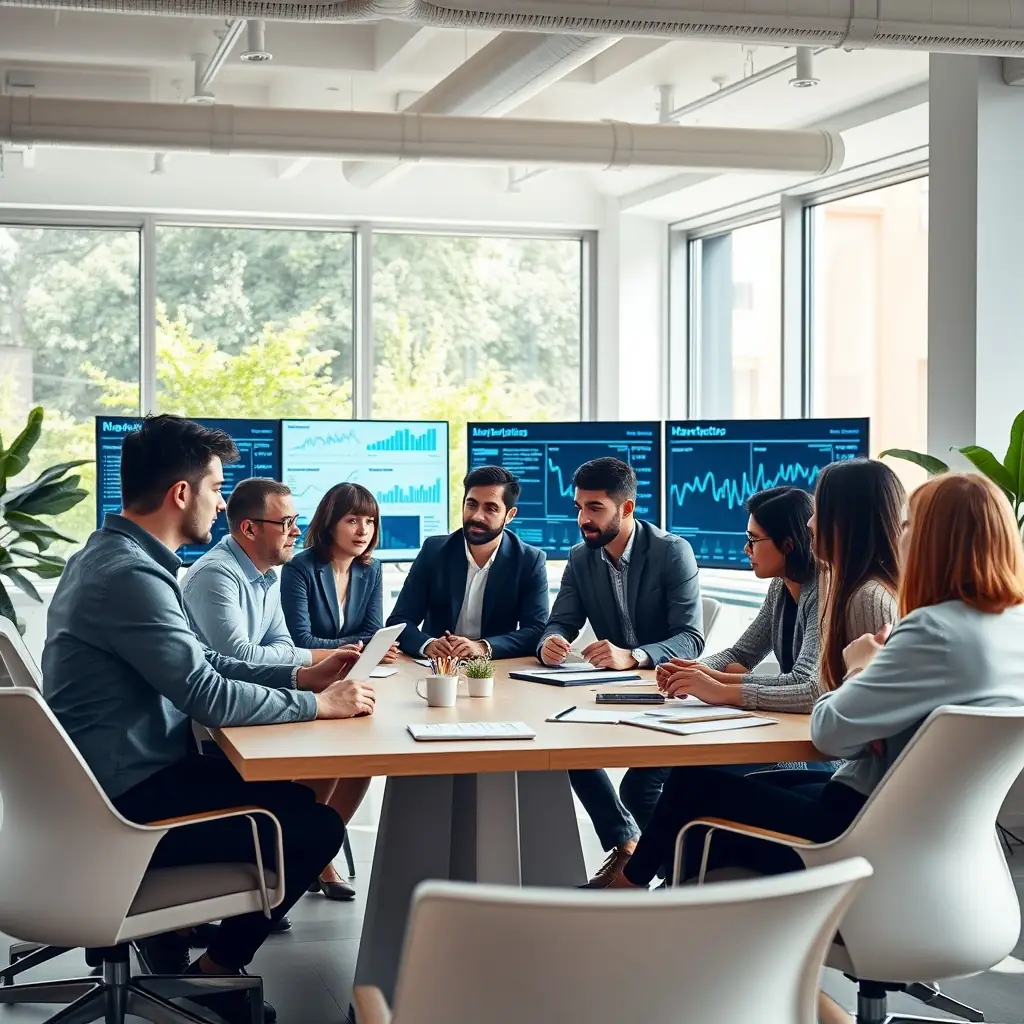 A team of digital marketing professionals collaborating in a modern office with digital analytics on screens.