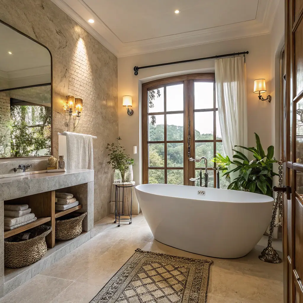 A modern, luxurious bathroom featuring a freestanding tub, rainfall shower, and smart faucet, highlighting the possibilities of a bathroom plumbing remodel.