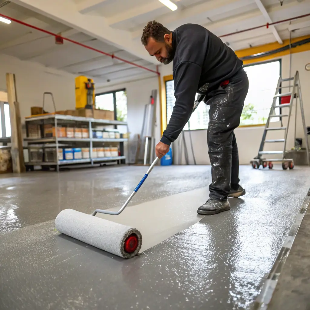 A professional painter applying a coating to a floor with precision and care, showcasing the quality and expertise associated with Coating Haus products.