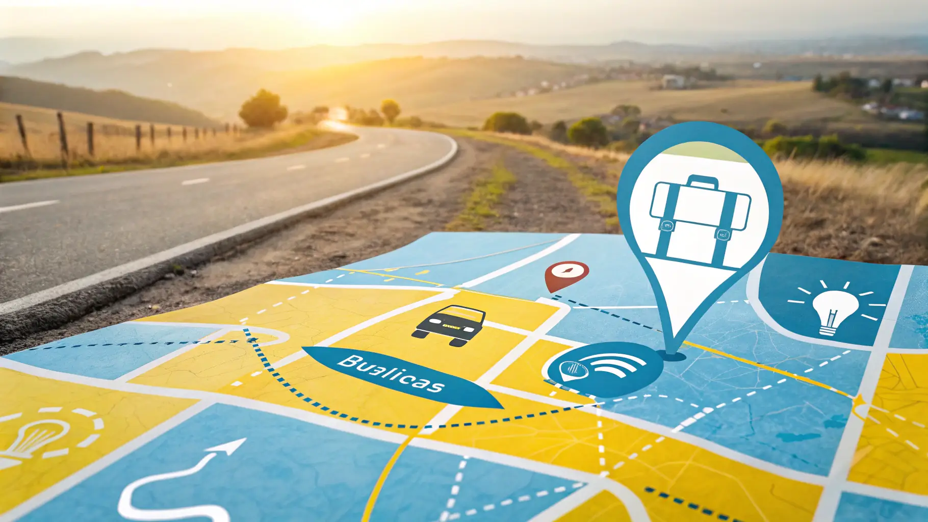 A modern illustration showing a business location pin on a digital map, with abstract icons representing online visibility, search, and growth, suitable for a technology company landing page hero section.