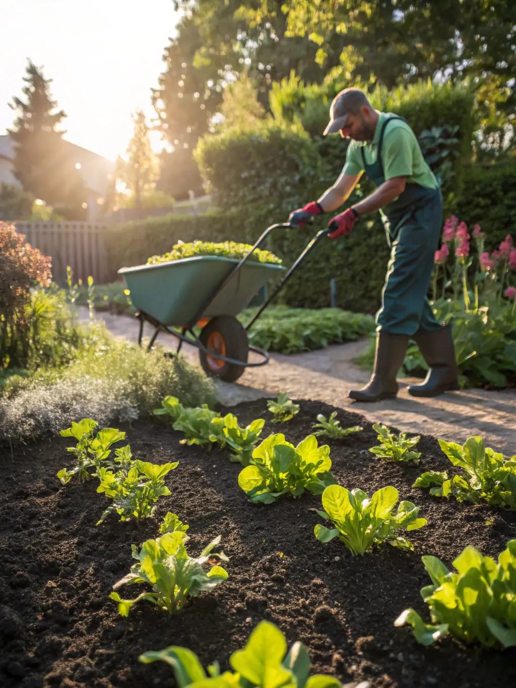 A worker applying organic fertilizer to a garden bed, highlighting Vertuose's commitment to eco-friendly gardening practices, taken in a vibrant garden.