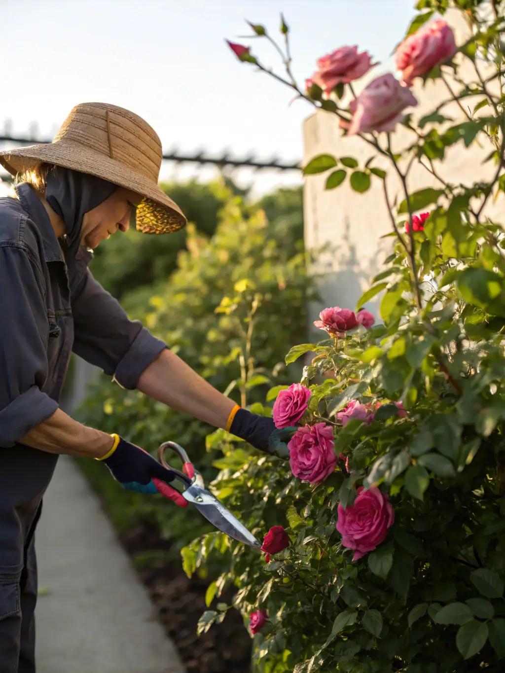 A gardener pruning a rose bush with precision, demonstrating Vertuose's expertise in shrub and hedge trimming, taken in a lush garden.